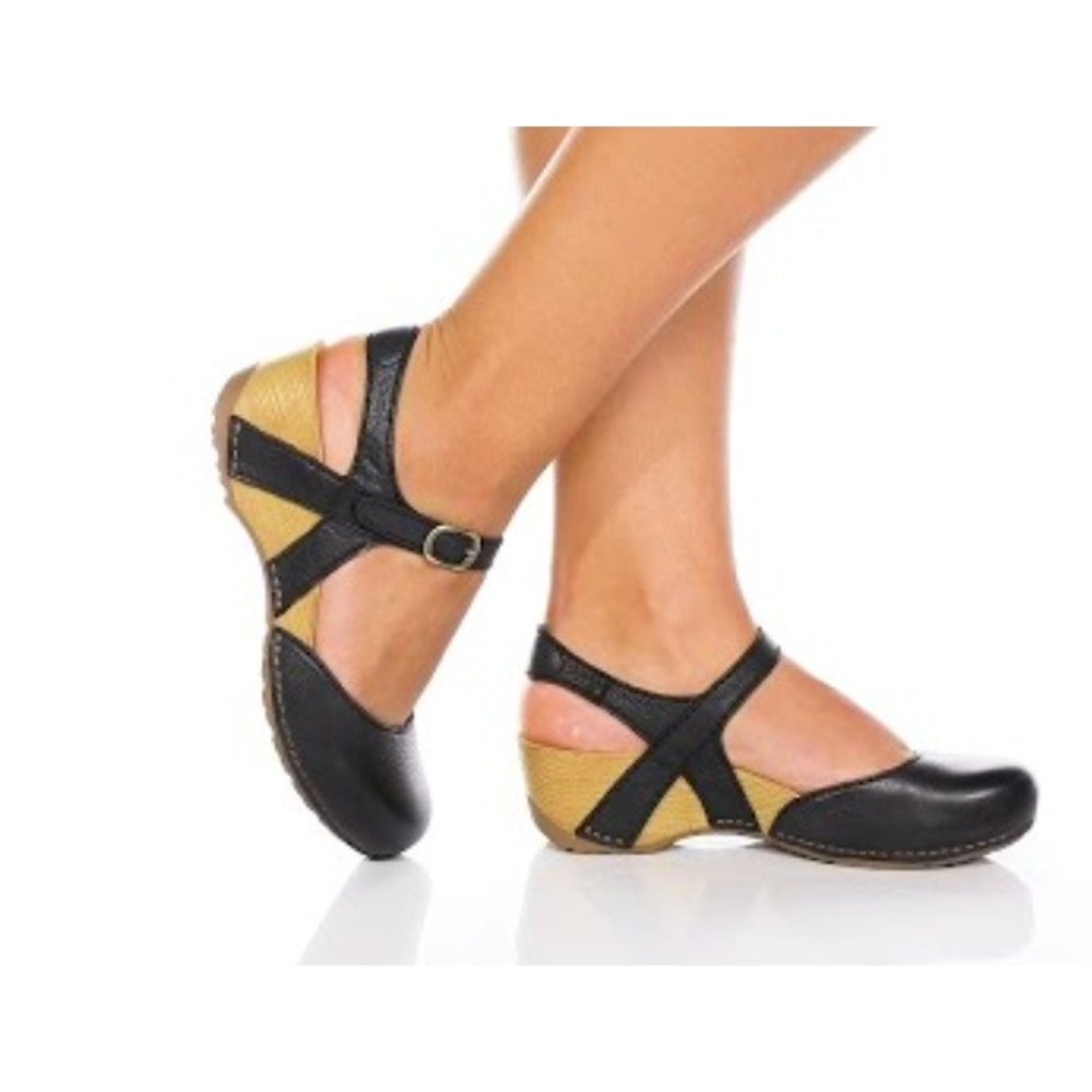 Womens Dansko Tiffani Black Leather Wedge Sandals Ankle Strap Clogs 41
